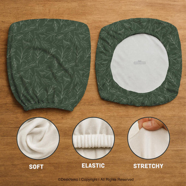 Sage green line-art leaf print chair cover shown with office chair cover options, including full cover, back and seat cover, seat-only cover, and armrest-only cover.