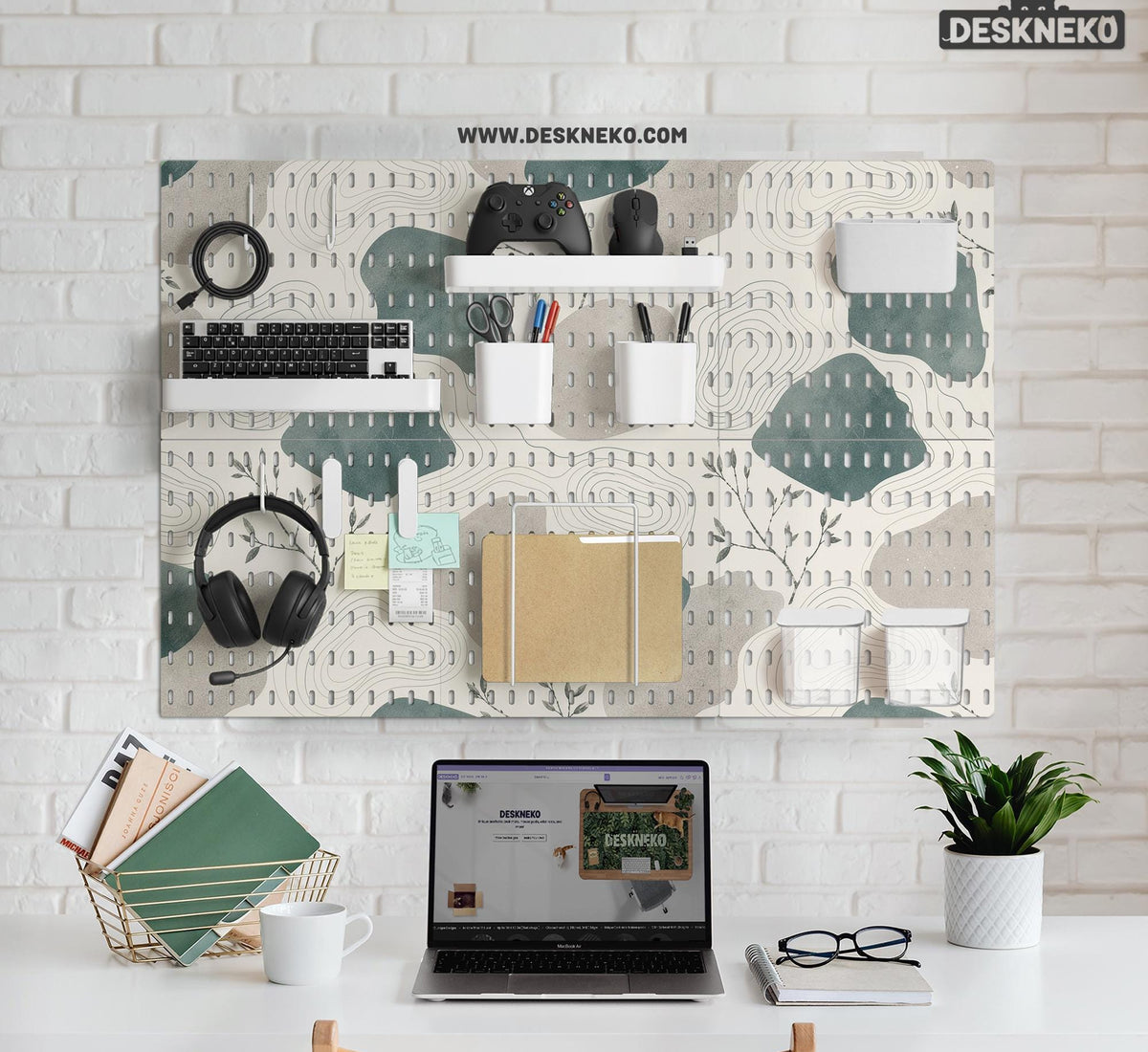 Four pegboard panels in sage green with cream, grey, teal, and leafy botanical artwork arranged in a square layout.