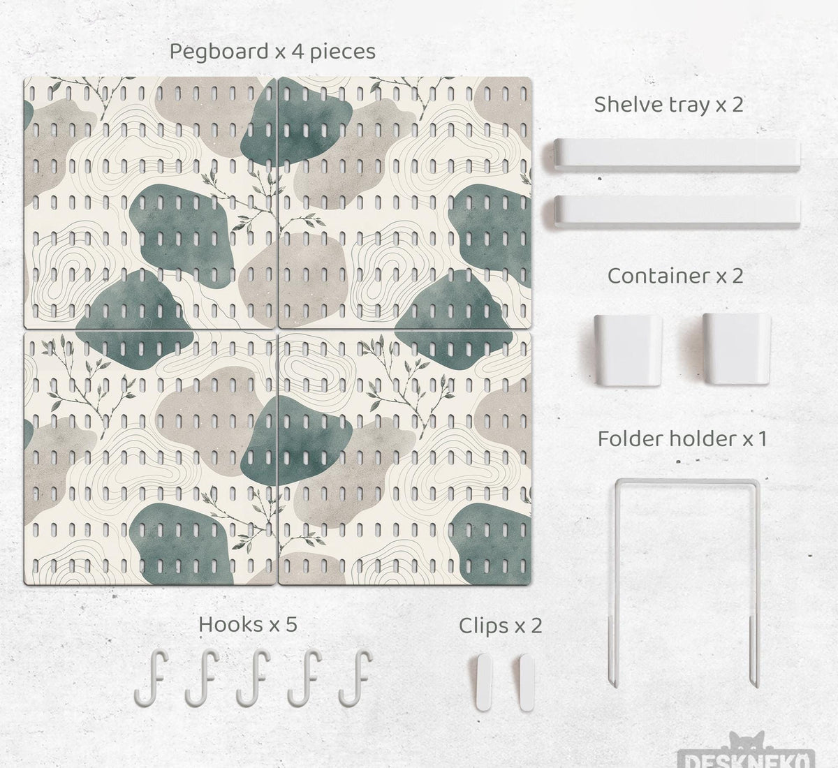 Four pegboard panels in sage green with cream, grey, teal, and leafy botanical artwork arranged in a square layout.