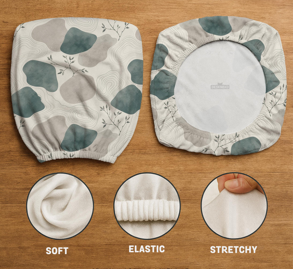 Chair cover with a cream background, muted sage abstract shapes, grey organic forms, and small botanical accents.