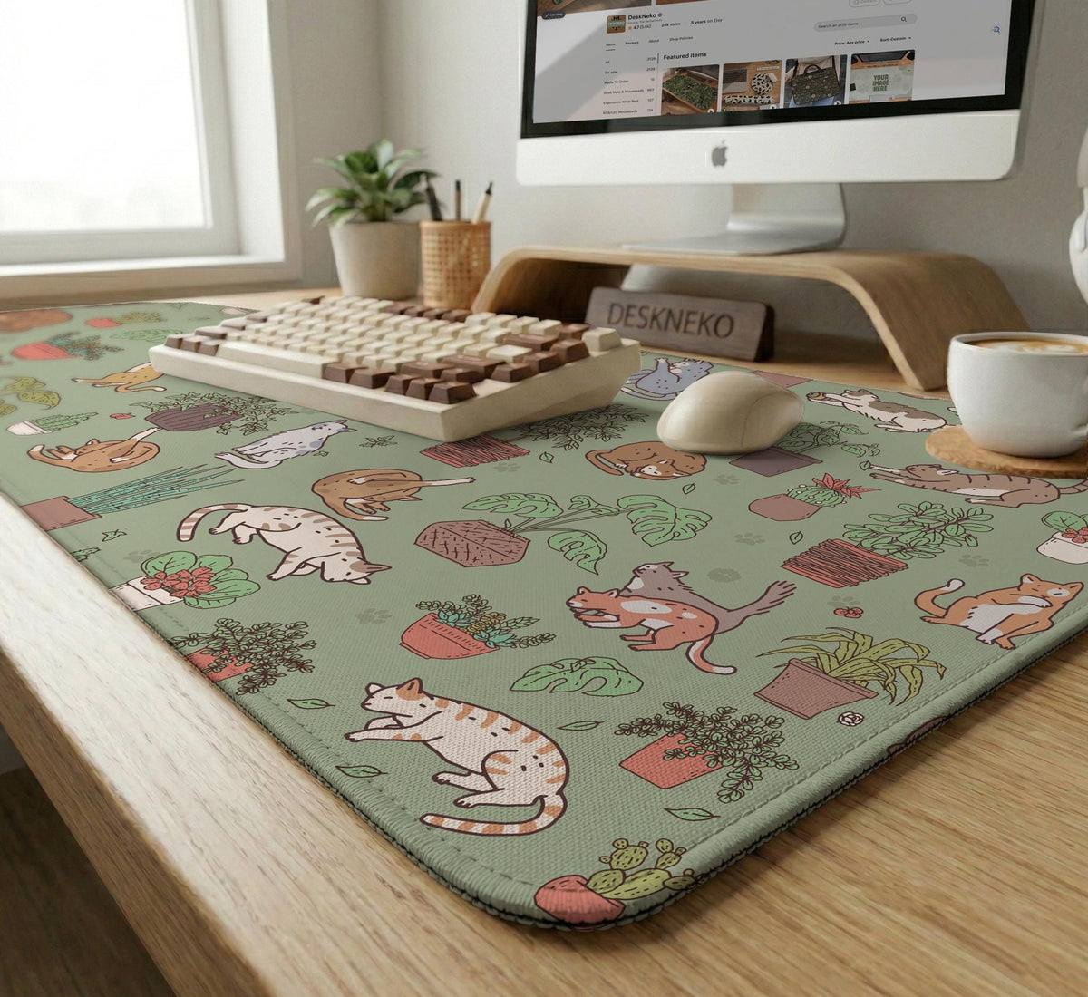 A desk mat with a repeating pattern of cats, leafy houseplants, cactus pots, and small plant-shop style details in sage green.
