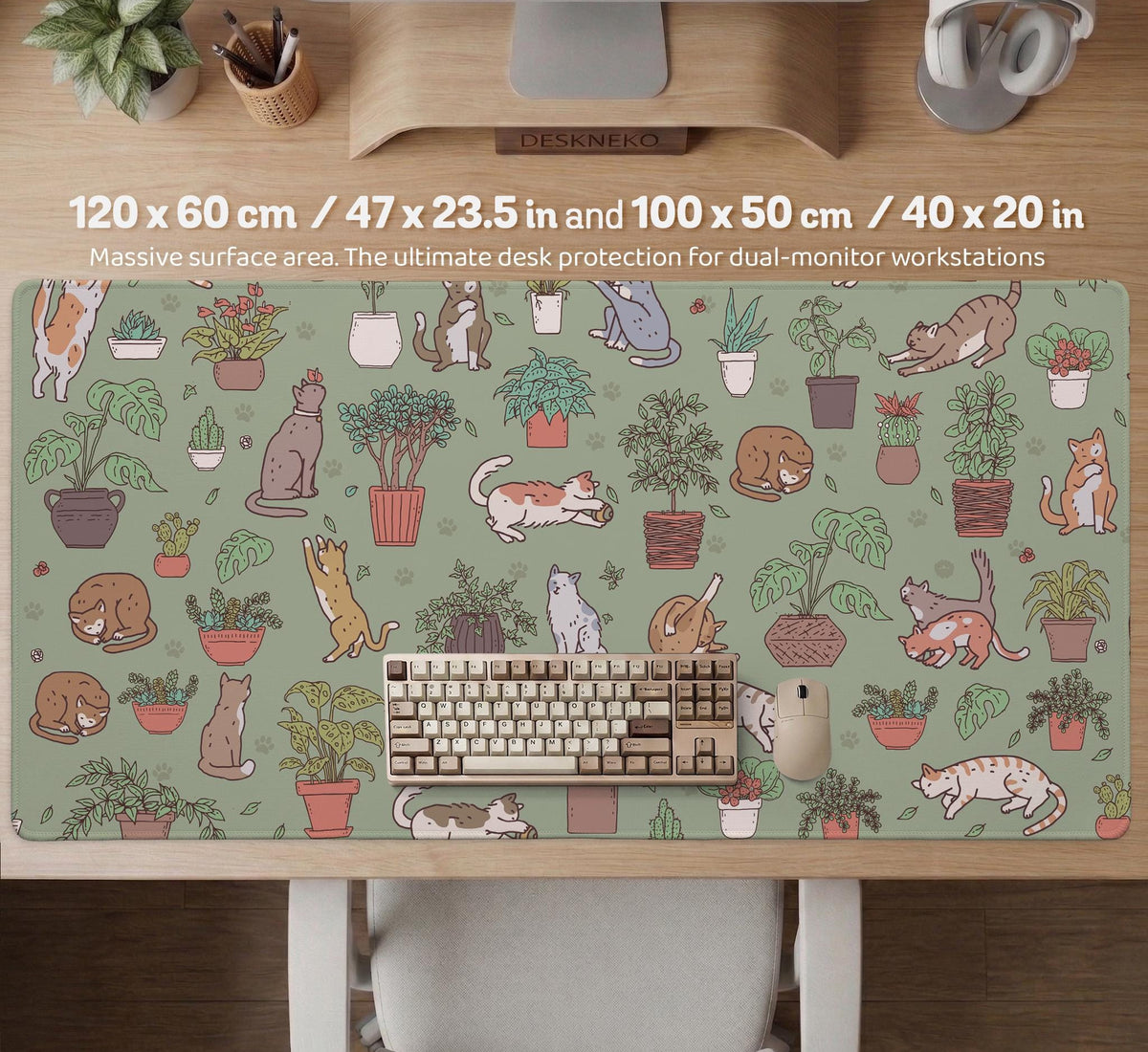 A desk mat with a repeating pattern of cats, leafy houseplants, cactus pots, and small plant-shop style details in sage green.