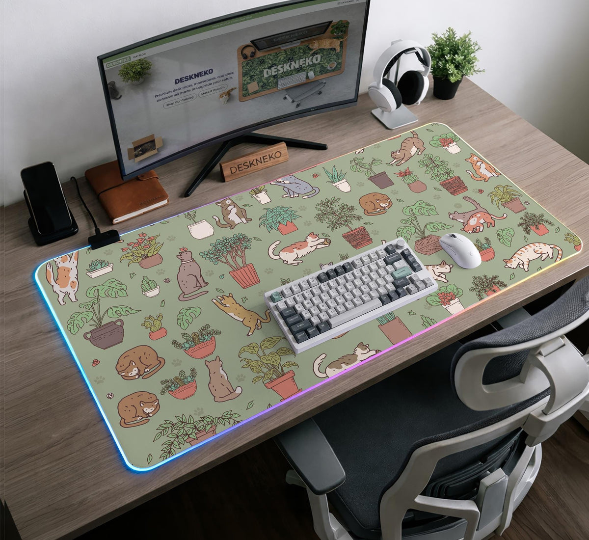A desk mat with a repeating pattern of cats, leafy houseplants, cactus pots, and small plant-shop style details in sage green.