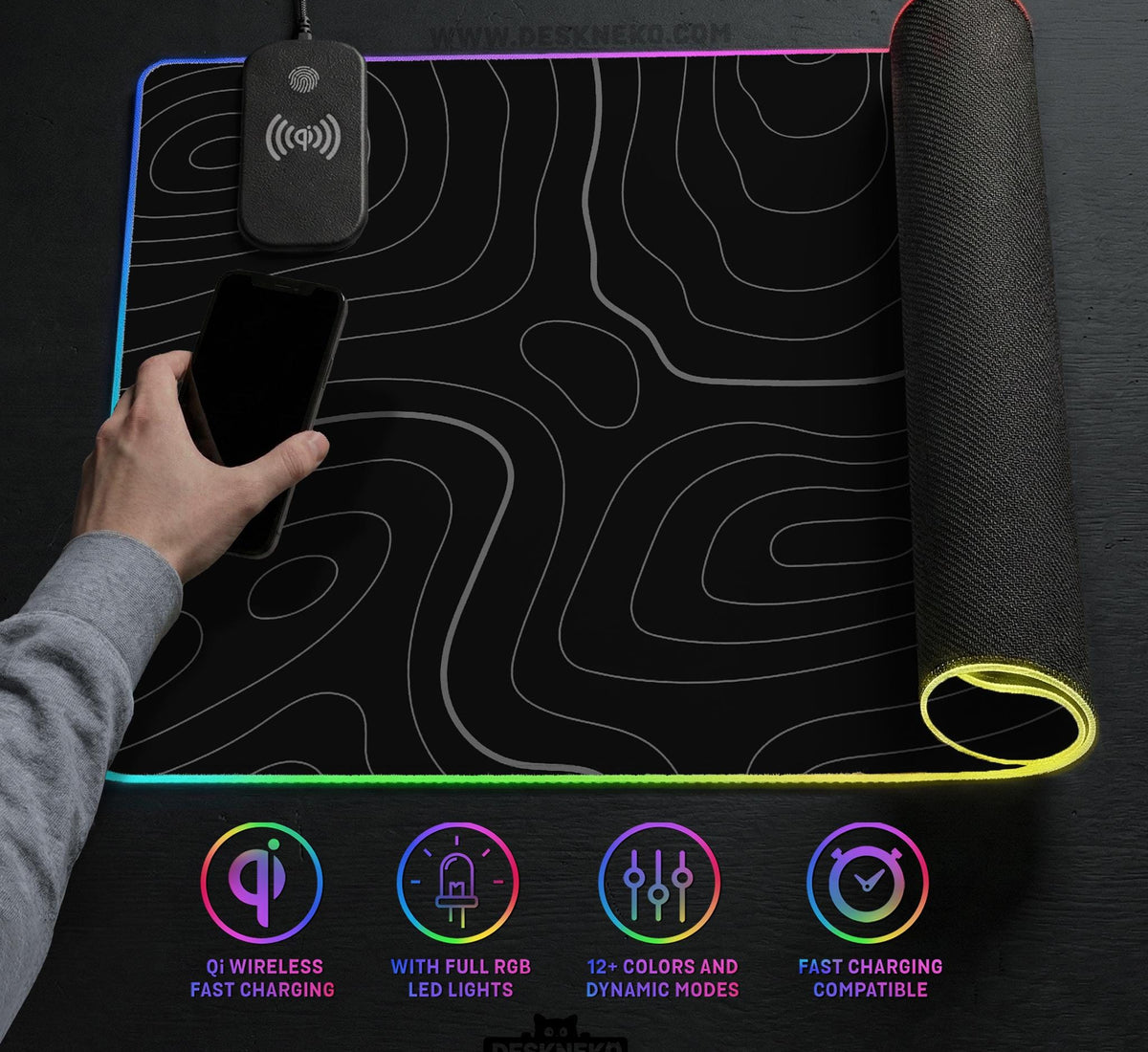 Black desk mat with a thin gray topographic contour line pattern.