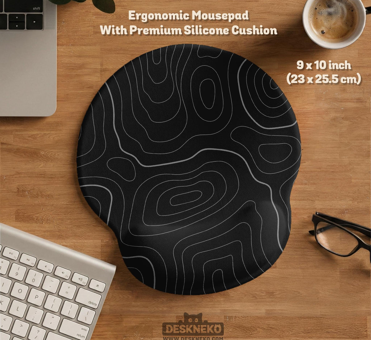 Black desk mat with a thin gray topographic contour line pattern.