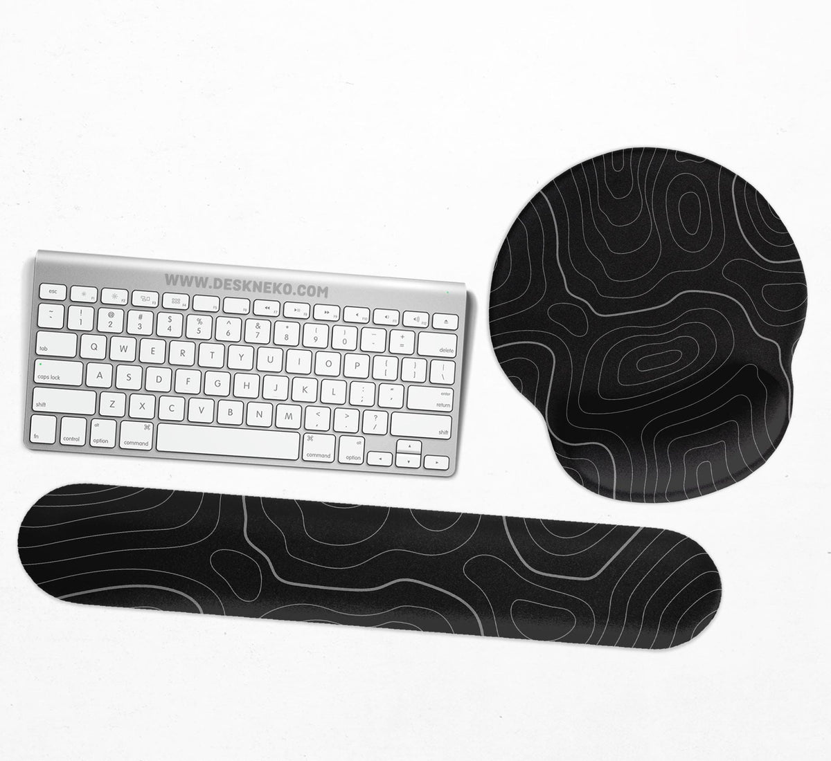 Black mousepad with a gray topographic contour line pattern shown with matching keyboard wrist rest options.