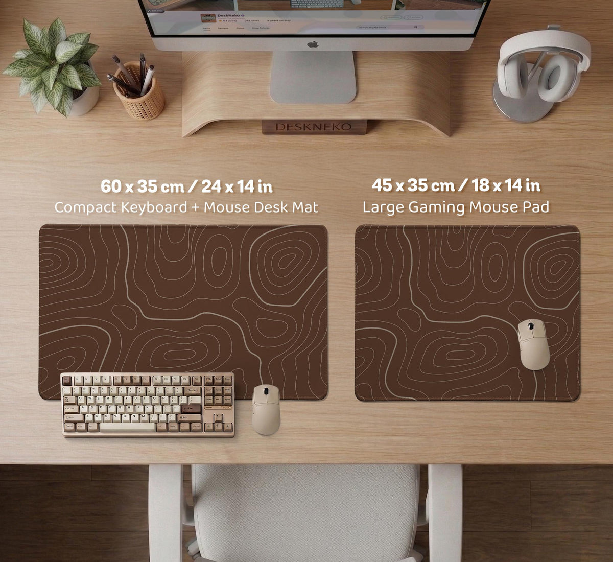Brown desk mat with a repeating topographic contour line pattern in a neutral earth tone design.
