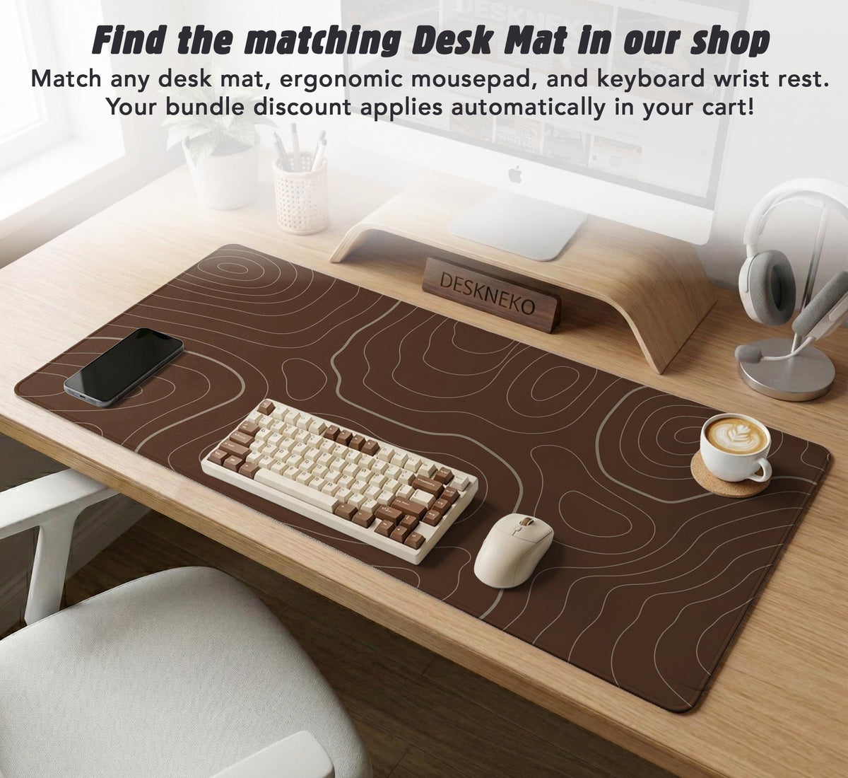 Brown mousepad and keyboard wrist rest with a topographic contour-line pattern.