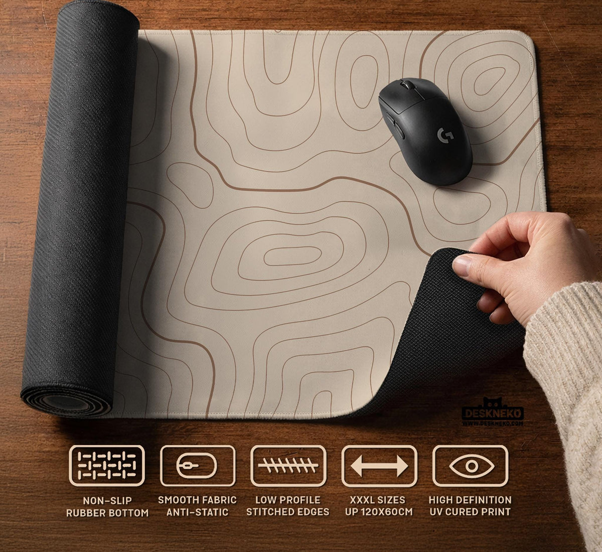 A beige mousepad with a topographic line pattern in a repeating design.