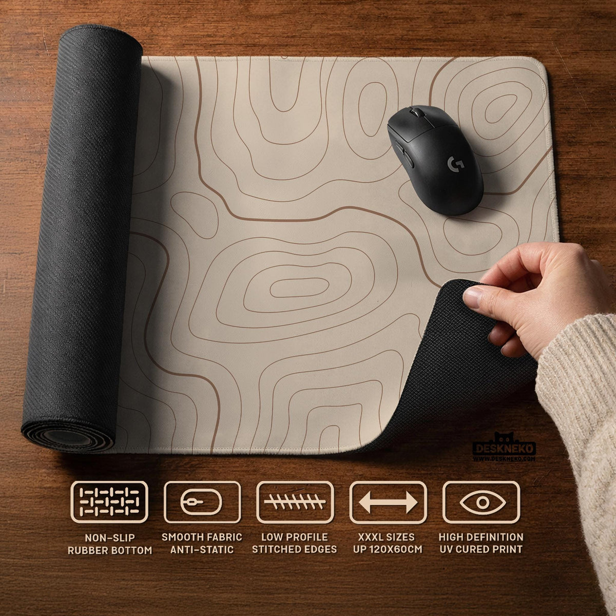 A beige mousepad with a topographic line pattern in a repeating design.