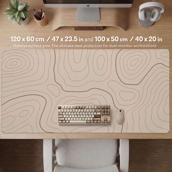 A beige mousepad with a topographic line pattern in a repeating design.