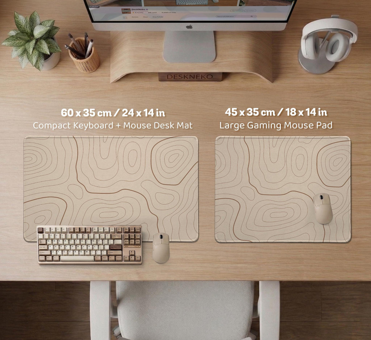 A beige mousepad with a topographic line pattern in a repeating design.