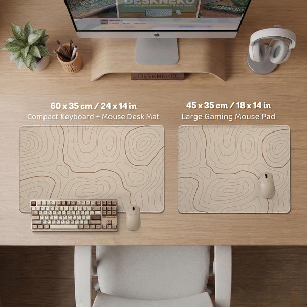 A beige mousepad with a topographic line pattern in a repeating design.
