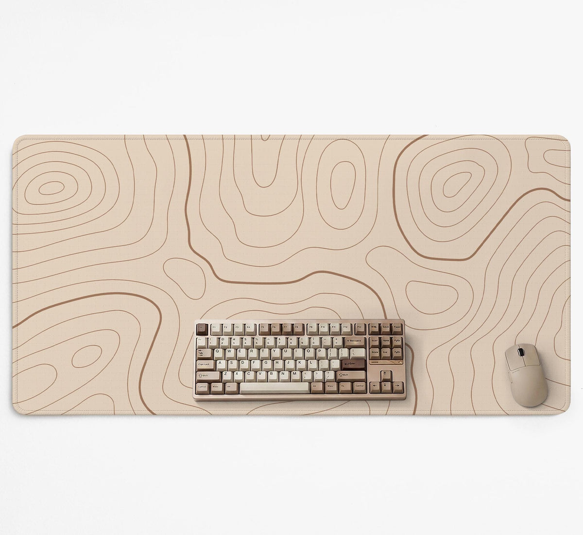 A beige mousepad with a topographic line pattern in a repeating design.
