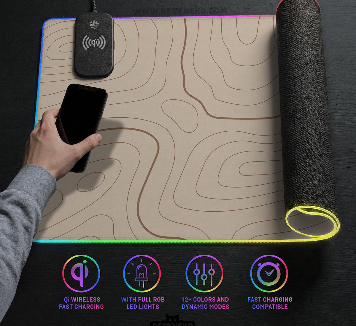 A beige mousepad with a topographic line pattern in a repeating design.