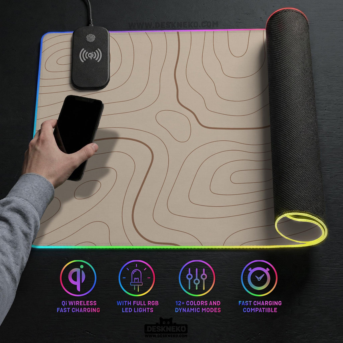 A beige mousepad with a topographic line pattern in a repeating design.