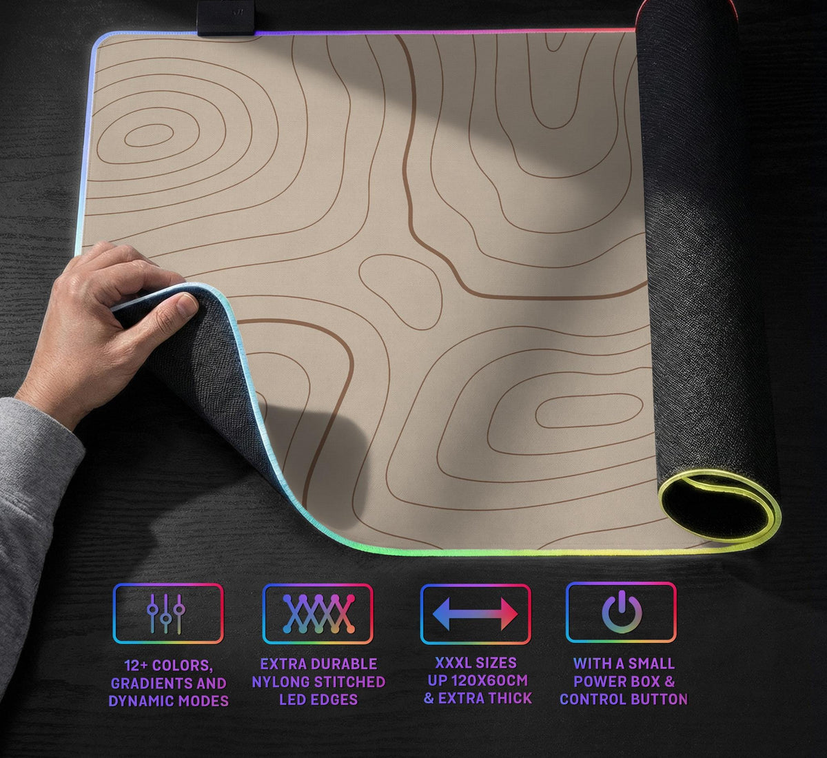 A beige mousepad with a topographic line pattern in a repeating design.