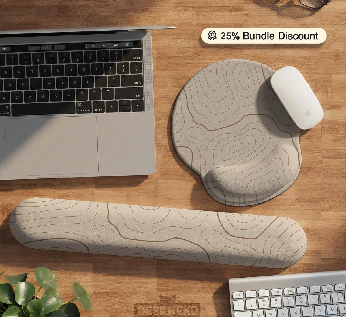 A beige mousepad with a topographic line pattern in a repeating design.