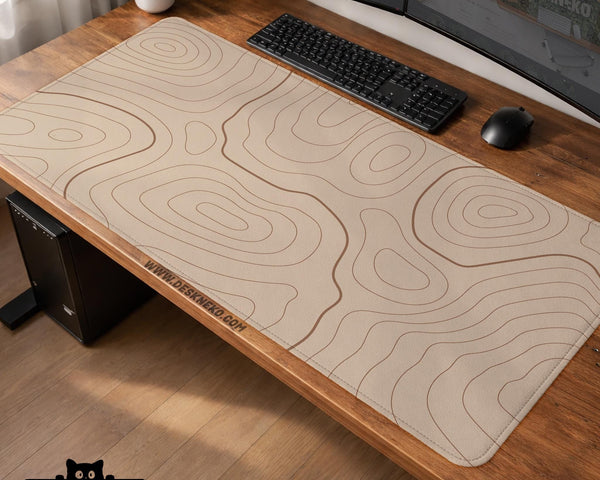 A beige mousepad with a topographic line pattern in a repeating design.