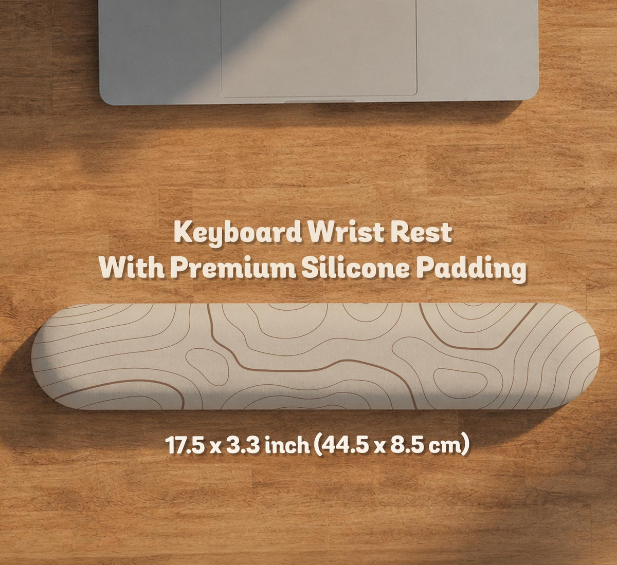 Beige mousepad and keyboard wrist rest with a topographic line pattern shown in a neutral desk setup.