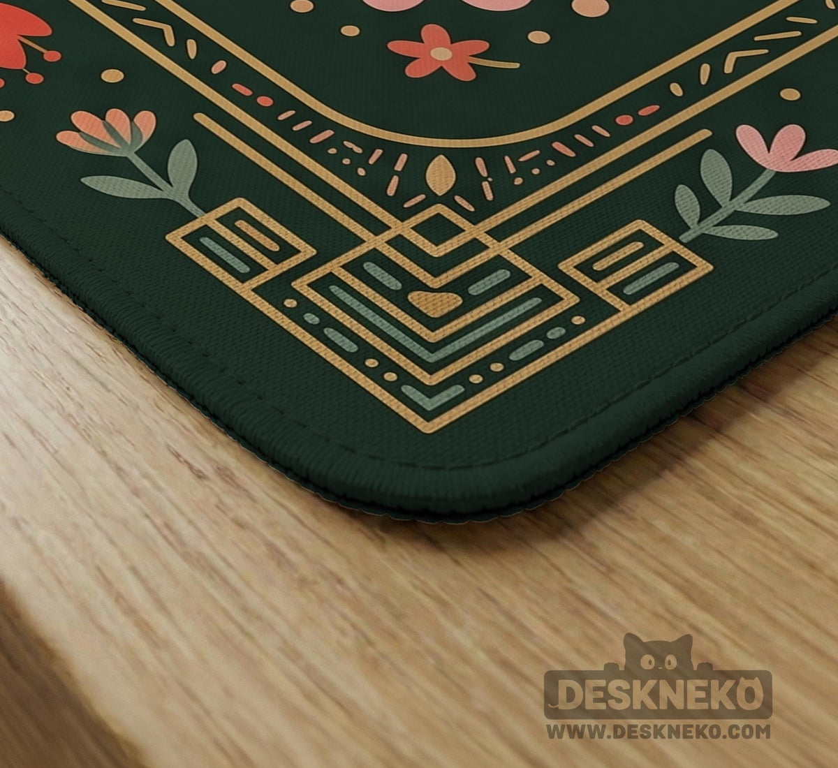 Dark green square mahjong mat with a golden spotted leopard in the center, surrounded by flowers, leafy stems, butterflies, and small star accents.
