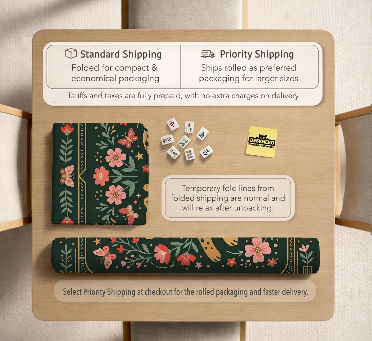 Dark green square mahjong mat with a golden spotted leopard in the center, surrounded by flowers, leafy stems, butterflies, and small star accents.