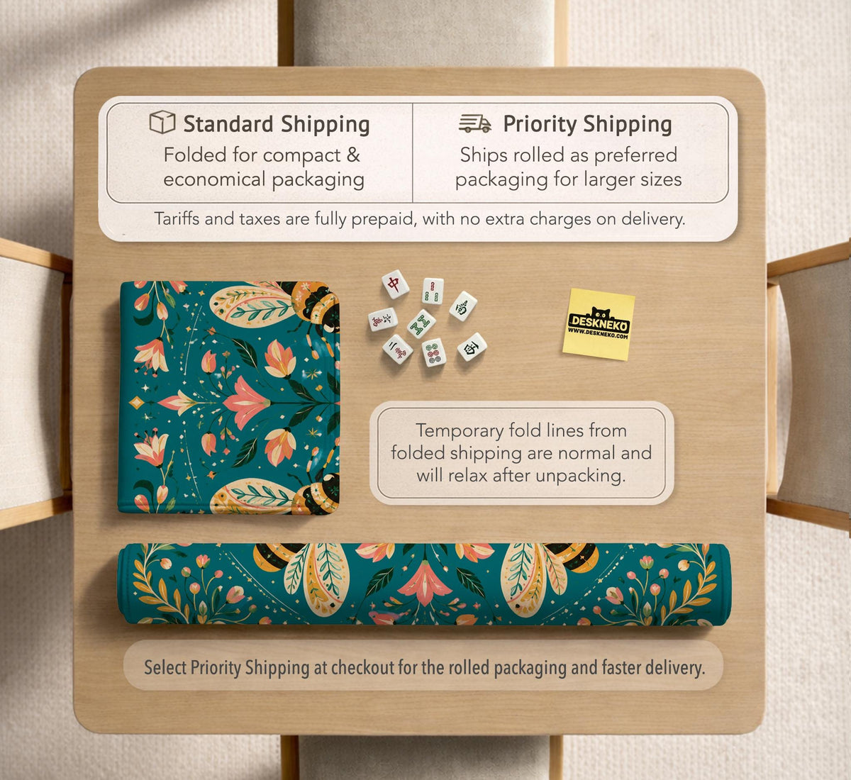 Green mahjong mat with a botanical bee and floral mandala design in teal, coral, cream, and gold.