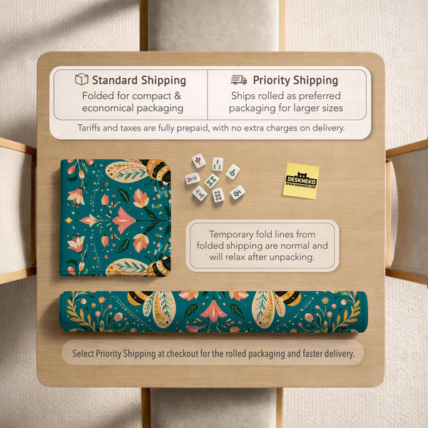 Green mahjong mat with a botanical bee and floral mandala design in teal, coral, cream, and gold.