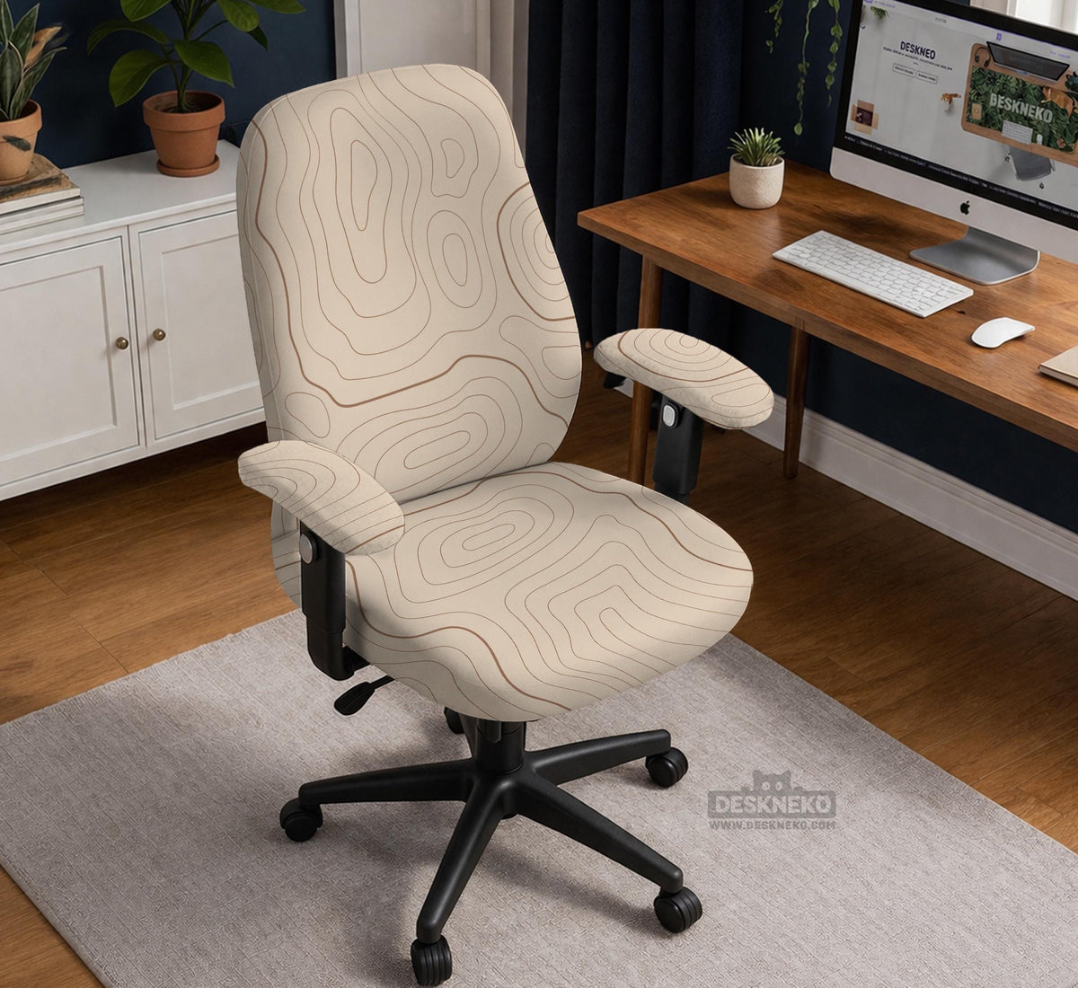 Beige chair cover with a minimalist topographic line pattern shown on a high back chair with armrests.