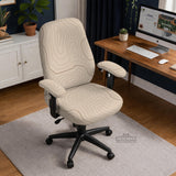Beige desk chair cover with a topographic line art pattern shown on a chair, with examples of full chair cover, back and seat cover, seat-only cover, and armrest-only cover options.