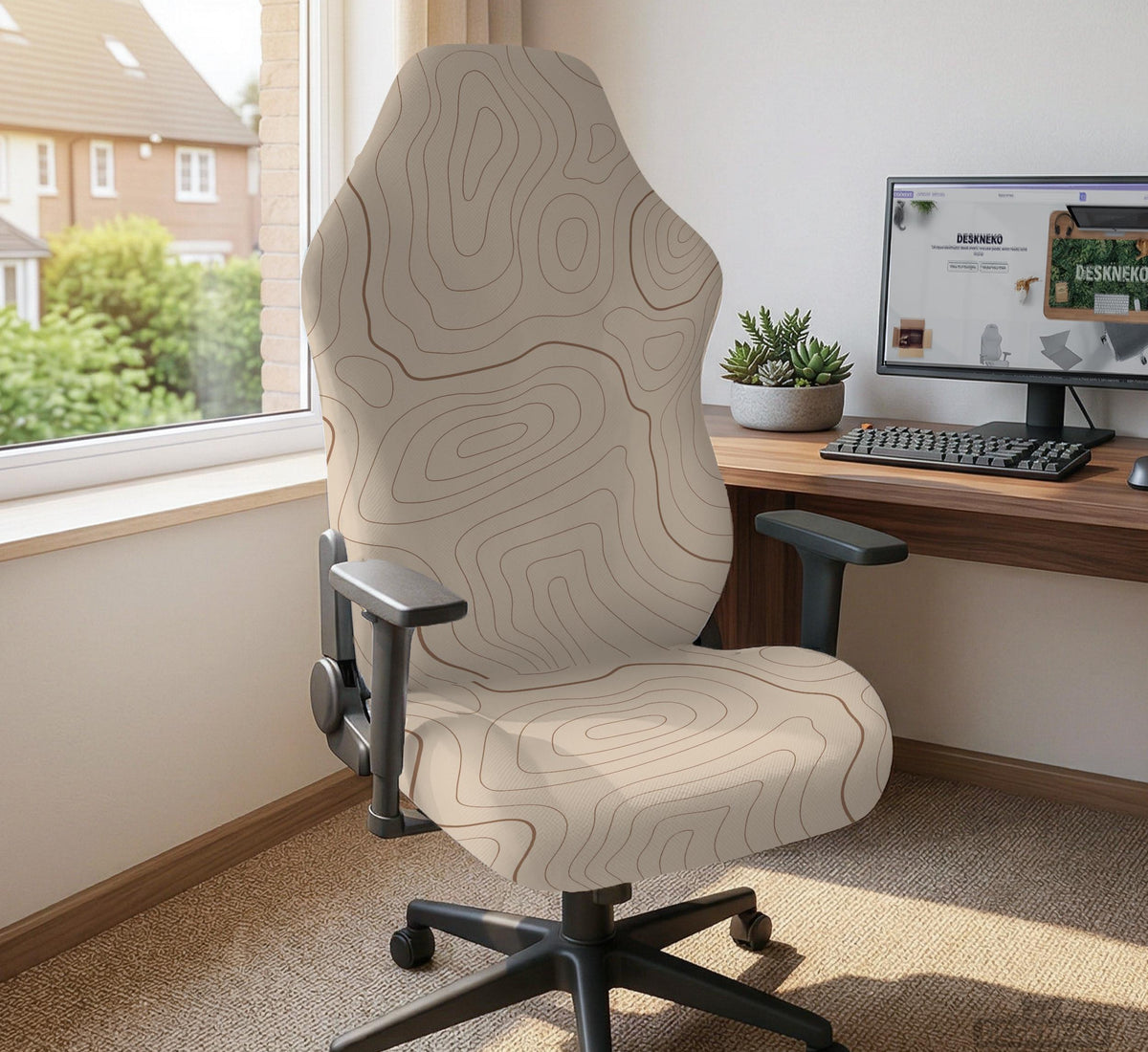 Beige chair cover with a minimalist topographic line pattern shown on a high back chair with armrests.