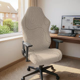 Beige desk chair cover with a topographic line art pattern shown on a chair, with examples of full chair cover, back and seat cover, seat-only cover, and armrest-only cover options.