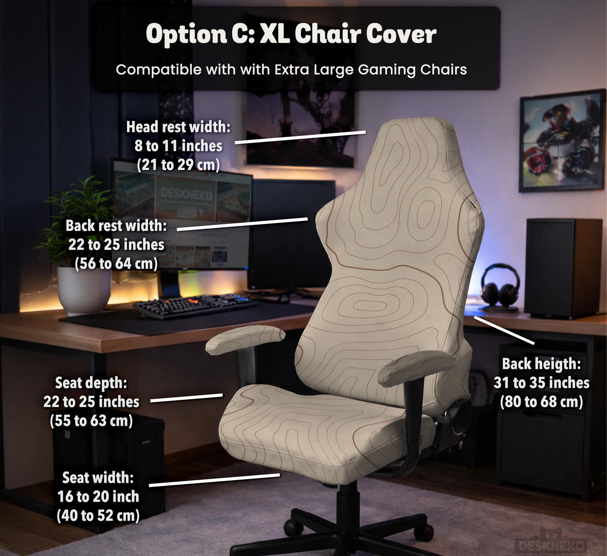 Beige chair cover with a minimalist topographic line pattern shown on a high back chair with armrests.