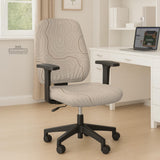 Beige chair cover with a minimalist topographic line pattern shown on a high back chair with armrests.