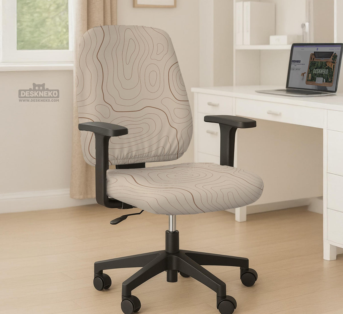 Beige desk chair cover with a topographic line art pattern shown on a chair, with examples of full chair cover, back and seat cover, seat-only cover, and armrest-only cover options.