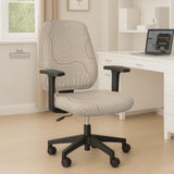 Beige desk chair cover with a topographic line art pattern shown on a chair, with examples of full chair cover, back and seat cover, seat-only cover, and armrest-only cover options.