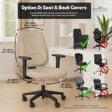 Beige desk chair cover with a topographic line art pattern shown on a chair, with examples of full chair cover, back and seat cover, seat-only cover, and armrest-only cover options.