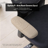 Beige desk chair cover with a topographic line art pattern shown on a chair, with examples of full chair cover, back and seat cover, seat-only cover, and armrest-only cover options.
