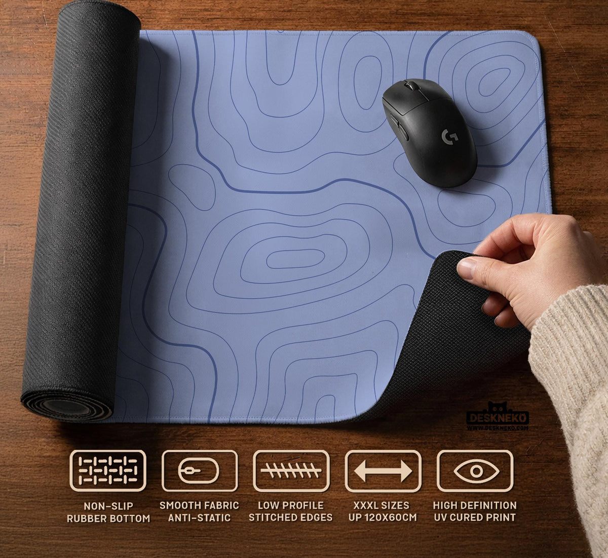 A periwinkle deskmat with thin blue contour lines printed across the surface.