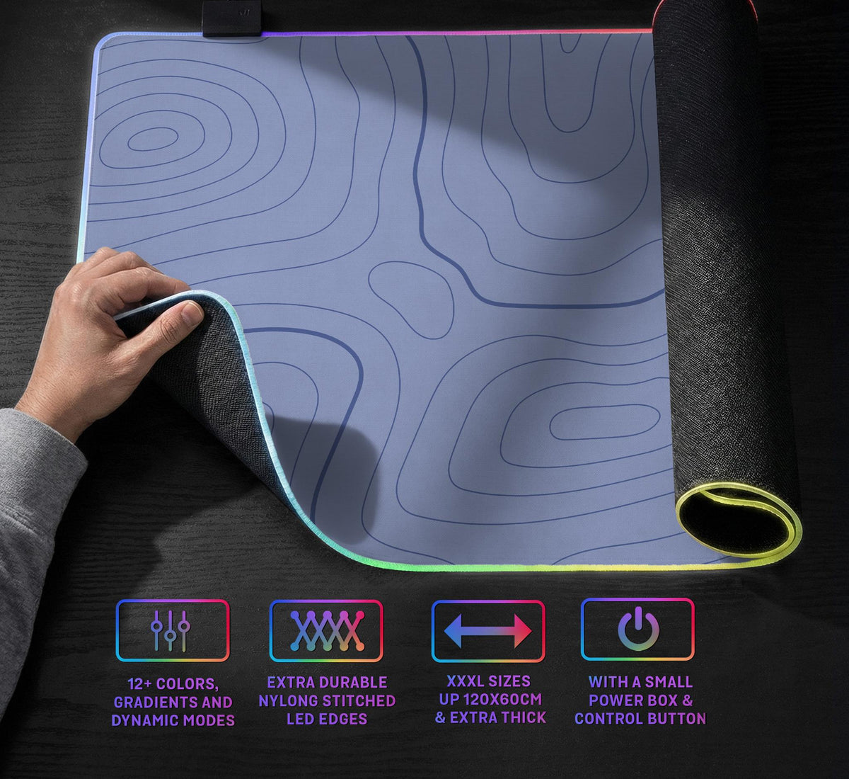 A periwinkle deskmat with thin blue contour lines printed across the surface.