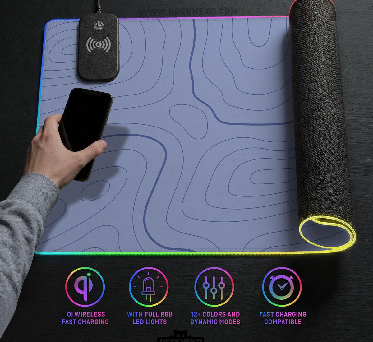 A periwinkle deskmat with thin blue contour lines printed across the surface.