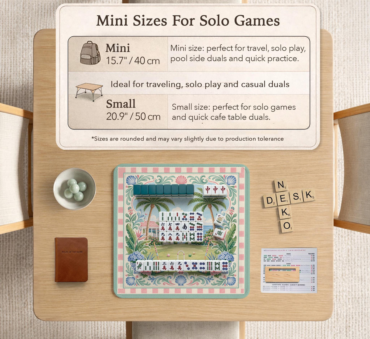 Pastel mahjong mat with a pink gingham border, seashells, hydrangea pots, palm trees, croquet details, and a coastal garden scene.