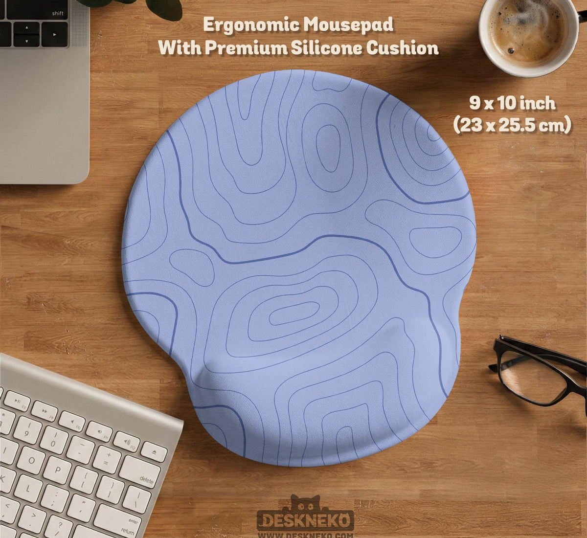 A periwinkle deskmat with thin blue contour lines printed across the surface.