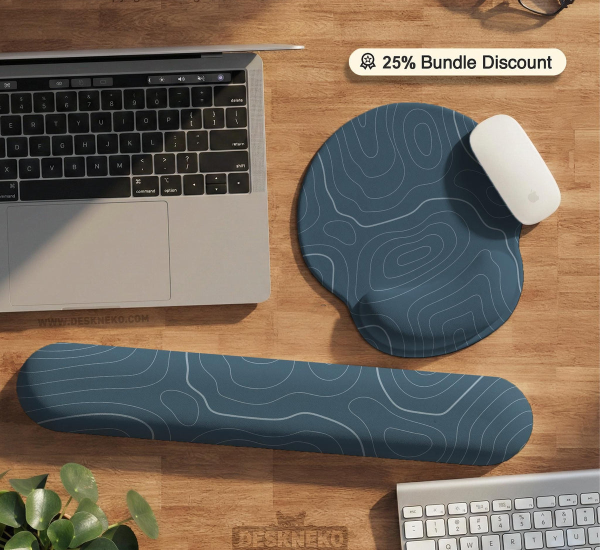 Blue mousepad with a topographic line pattern on a slate background.