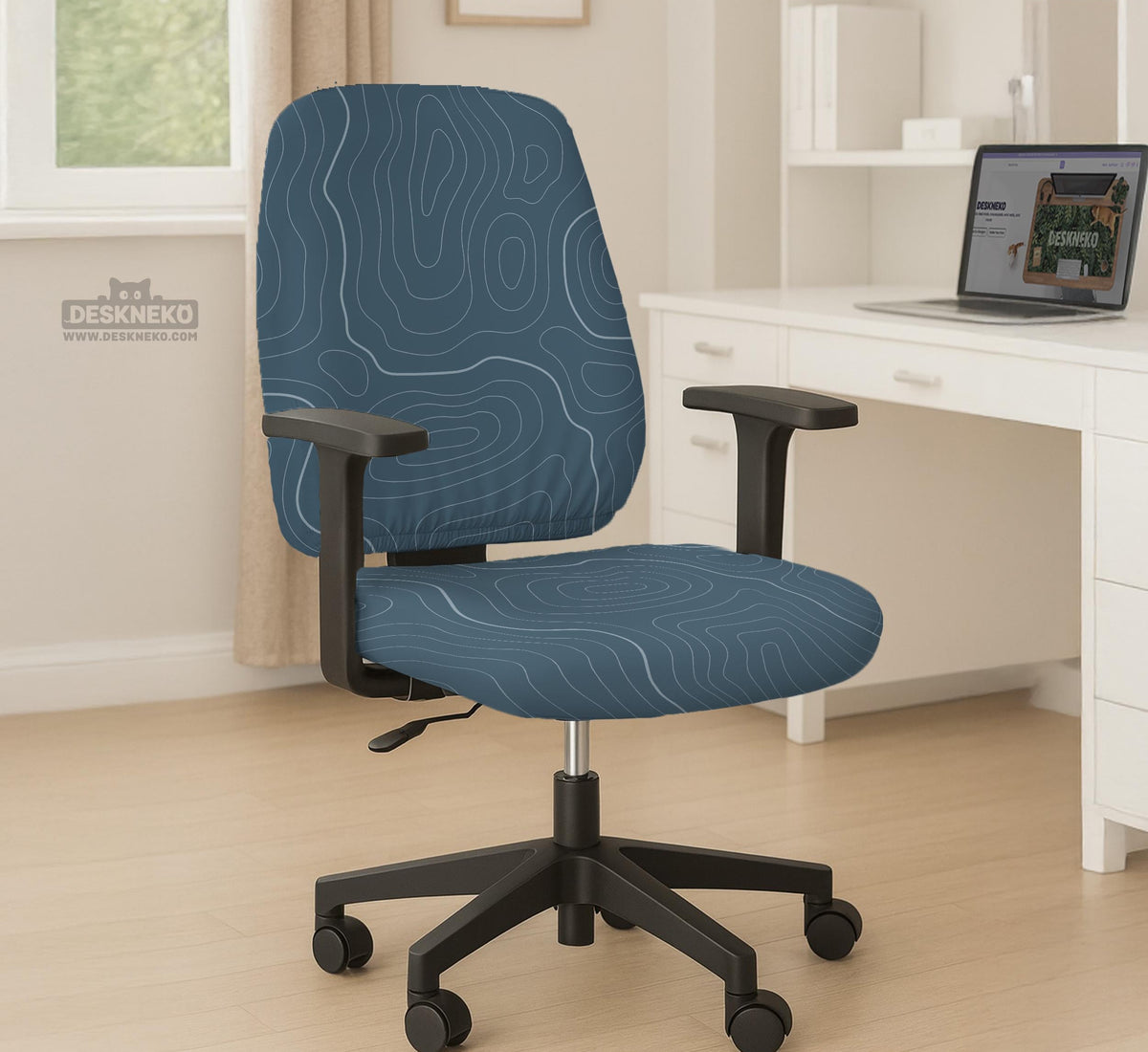 Slate gray chair cover with a blue gray topographic line pattern shown on a high back gaming chair.