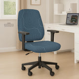 Slate gray chair cover with a blue gray topographic line pattern shown on a high back gaming chair.