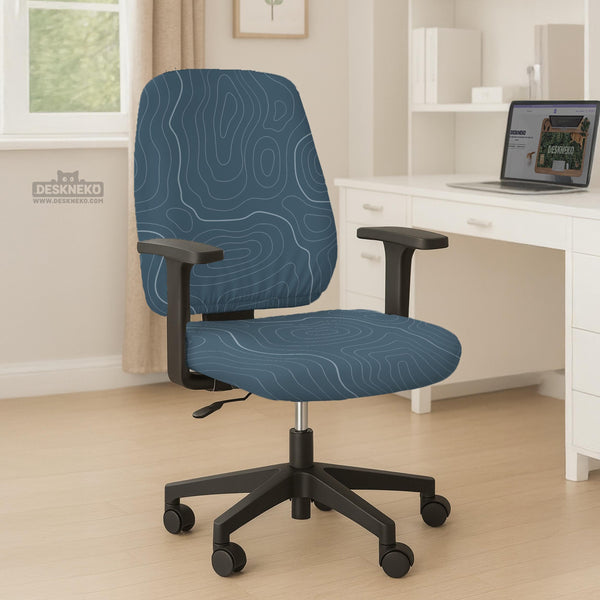Slate gray chair cover with a blue gray topographic line pattern shown on a high back gaming chair.