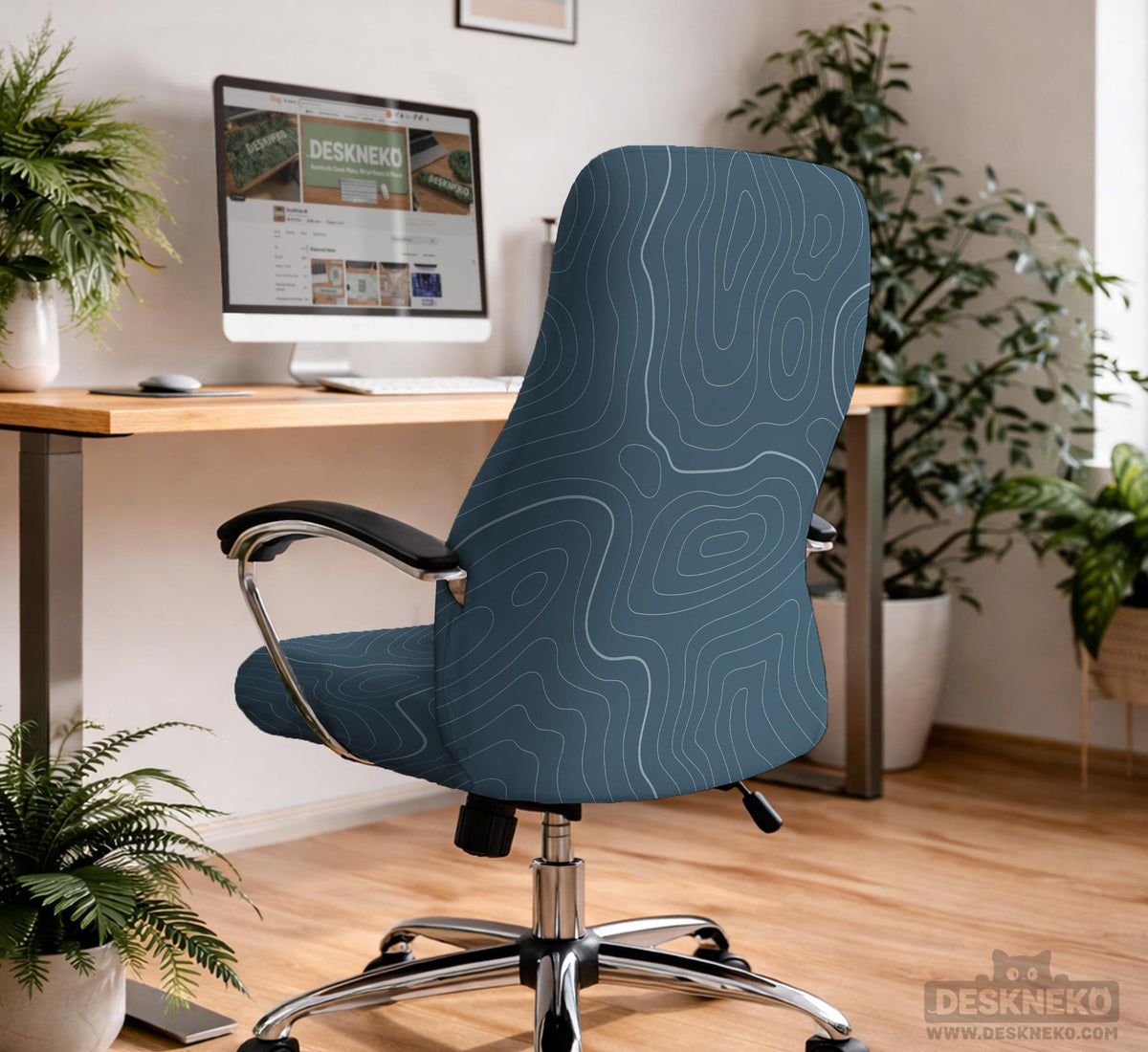 Slate gray chair cover with a blue gray topographic line pattern shown on a high back gaming chair.