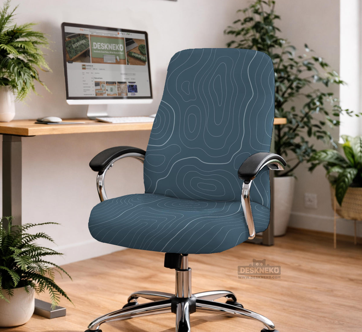 Slate gray chair cover with a blue gray topographic line pattern shown on a high back gaming chair.