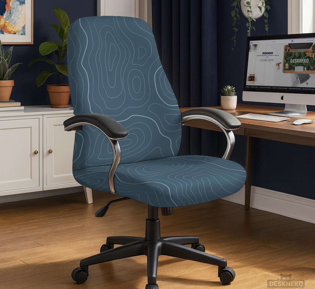 Slate gray chair cover with a blue gray topographic line pattern shown on a high back gaming chair.